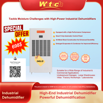 Offerta speciale limitata per deumidificatore industriale da 240L al giorno per grandi spazi con scarico continuo a basso rumore per fabbrica / laboratorio